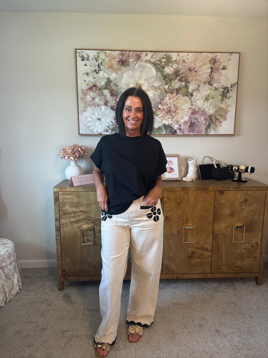 Ecru/Black Contrasting Embroidery Pants
