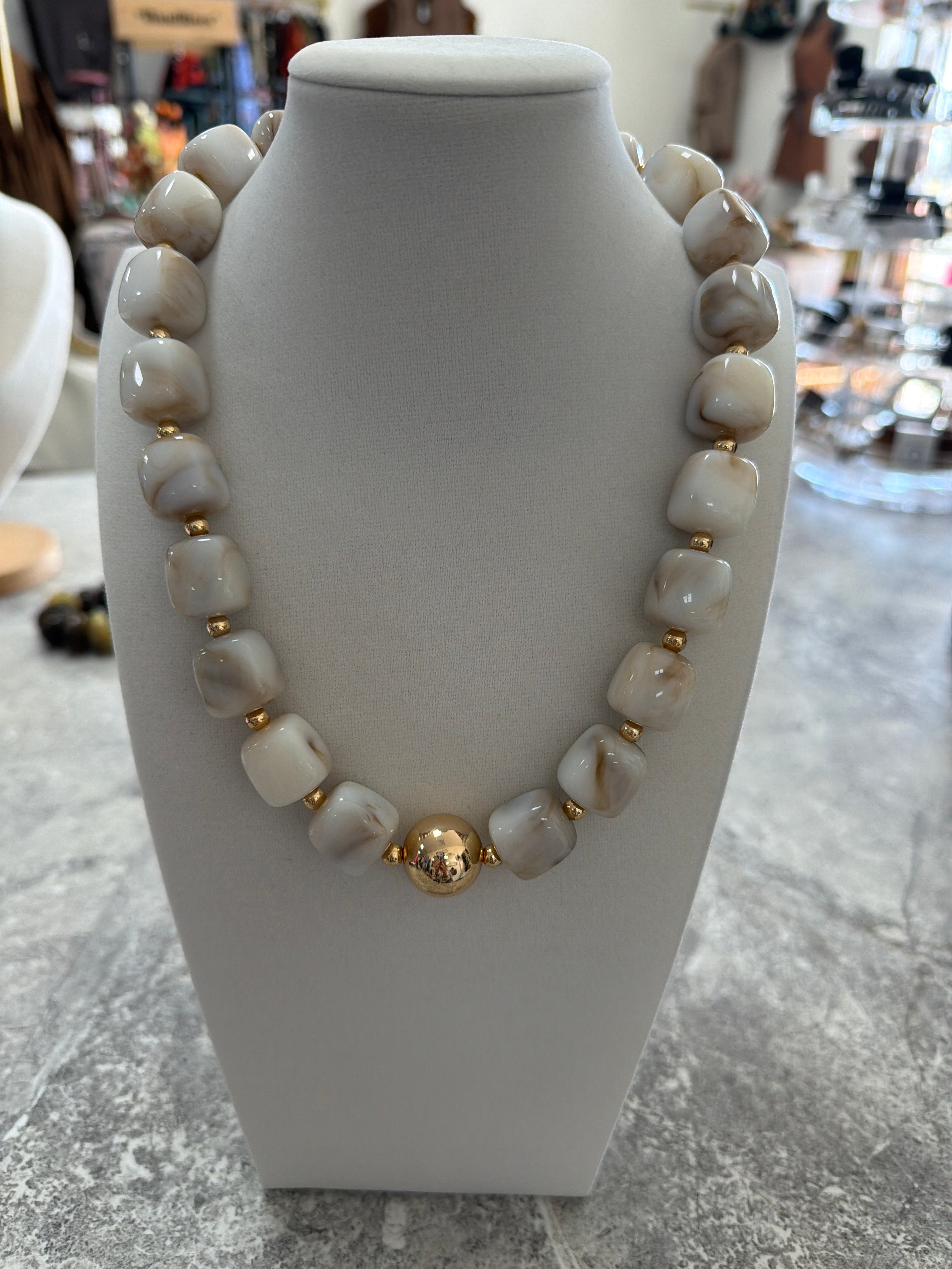 Marbled Cube Bead & Gold Ball Necklace