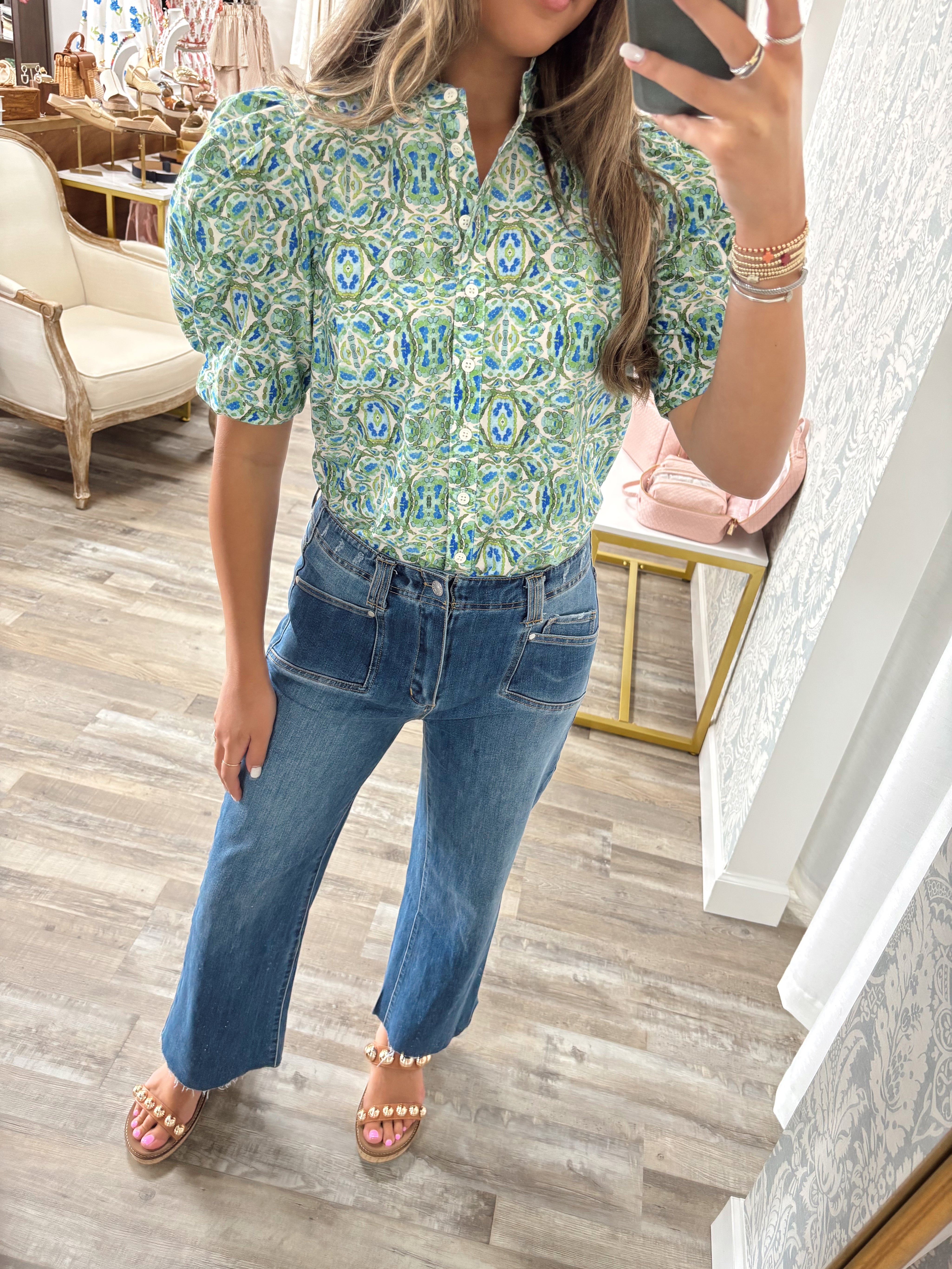 Puff short sleeve ruffle neck button down top