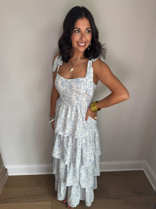 Southern Bell Shoulder Ribbon Strap Tiered Maxi Dress