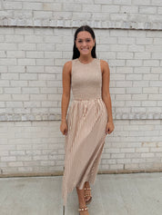 Cream/brown stripe sleeveless dress