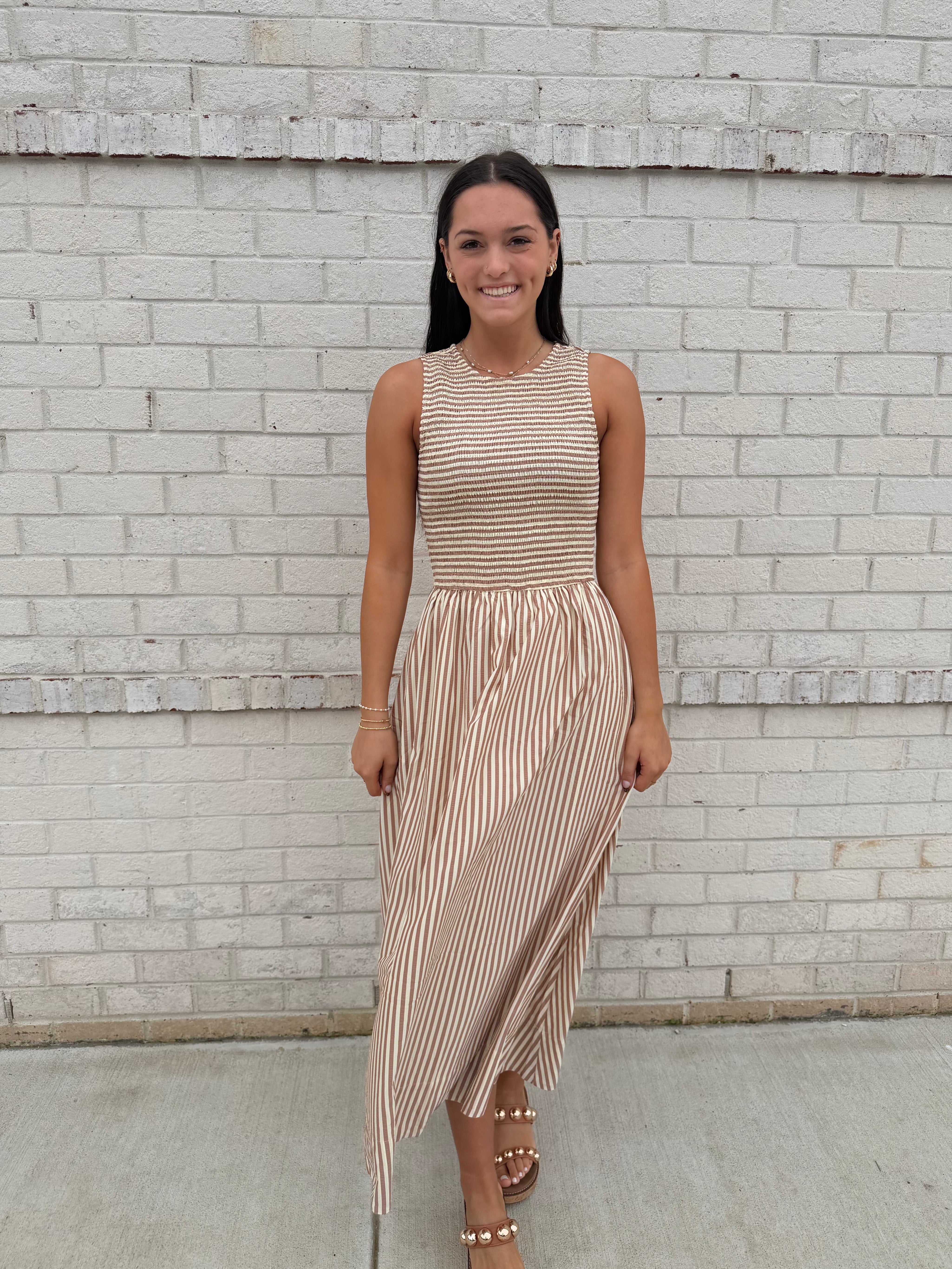 Cream/brown stripe sleeveless dress – Us Girls Boutique