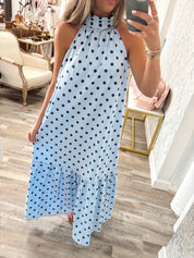 Blue polka dot cotton maxi dress