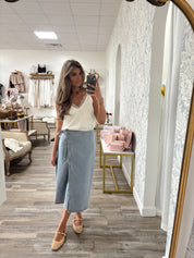 Washed denim wrap midi skirt