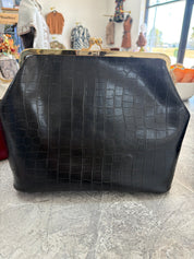 Large Vegan Leather Chocolate Croc-Embossed Kiss-Lock Clutch purse