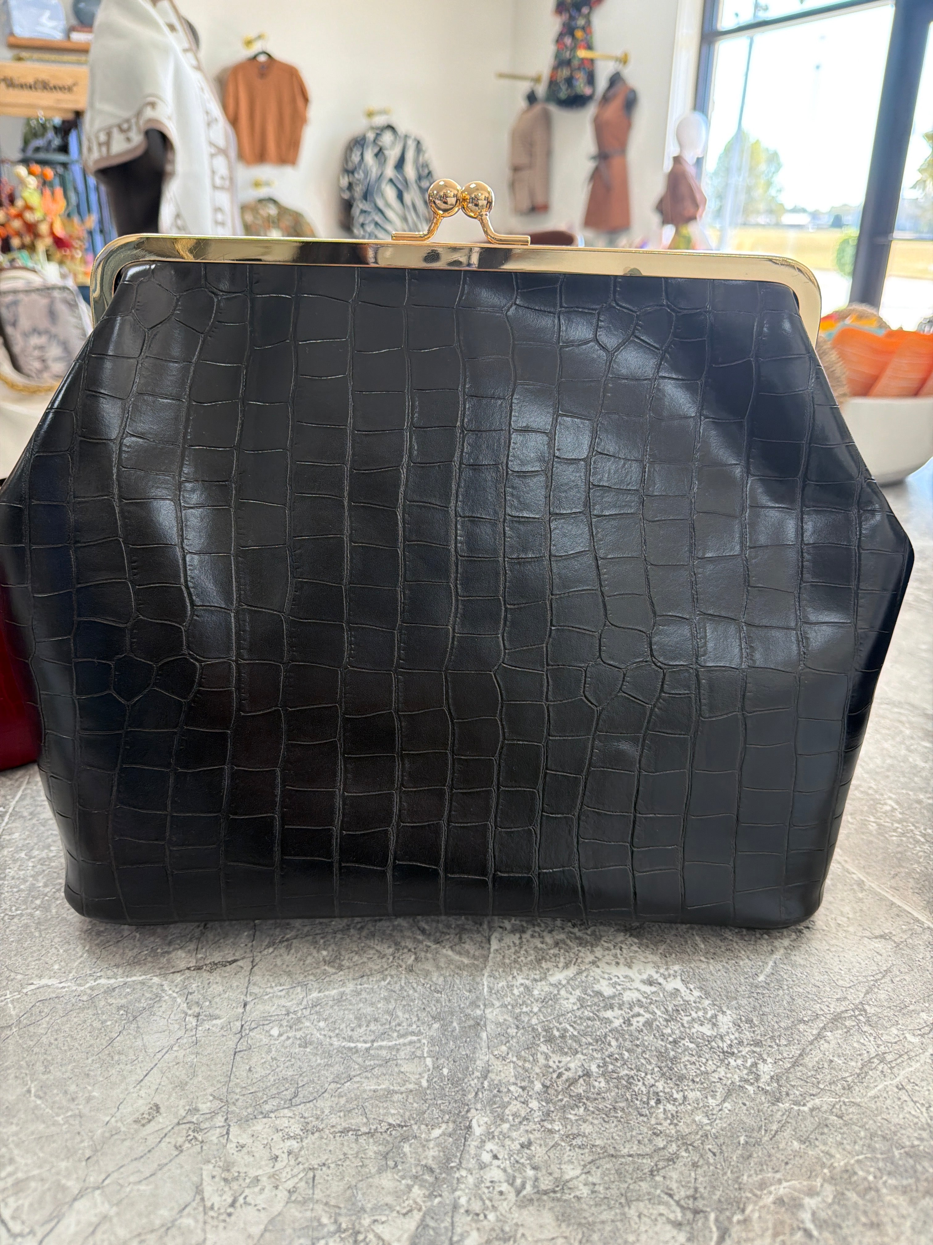 Large Vegan Leather Chocolate Croc-Embossed Kiss-Lock Clutch purse