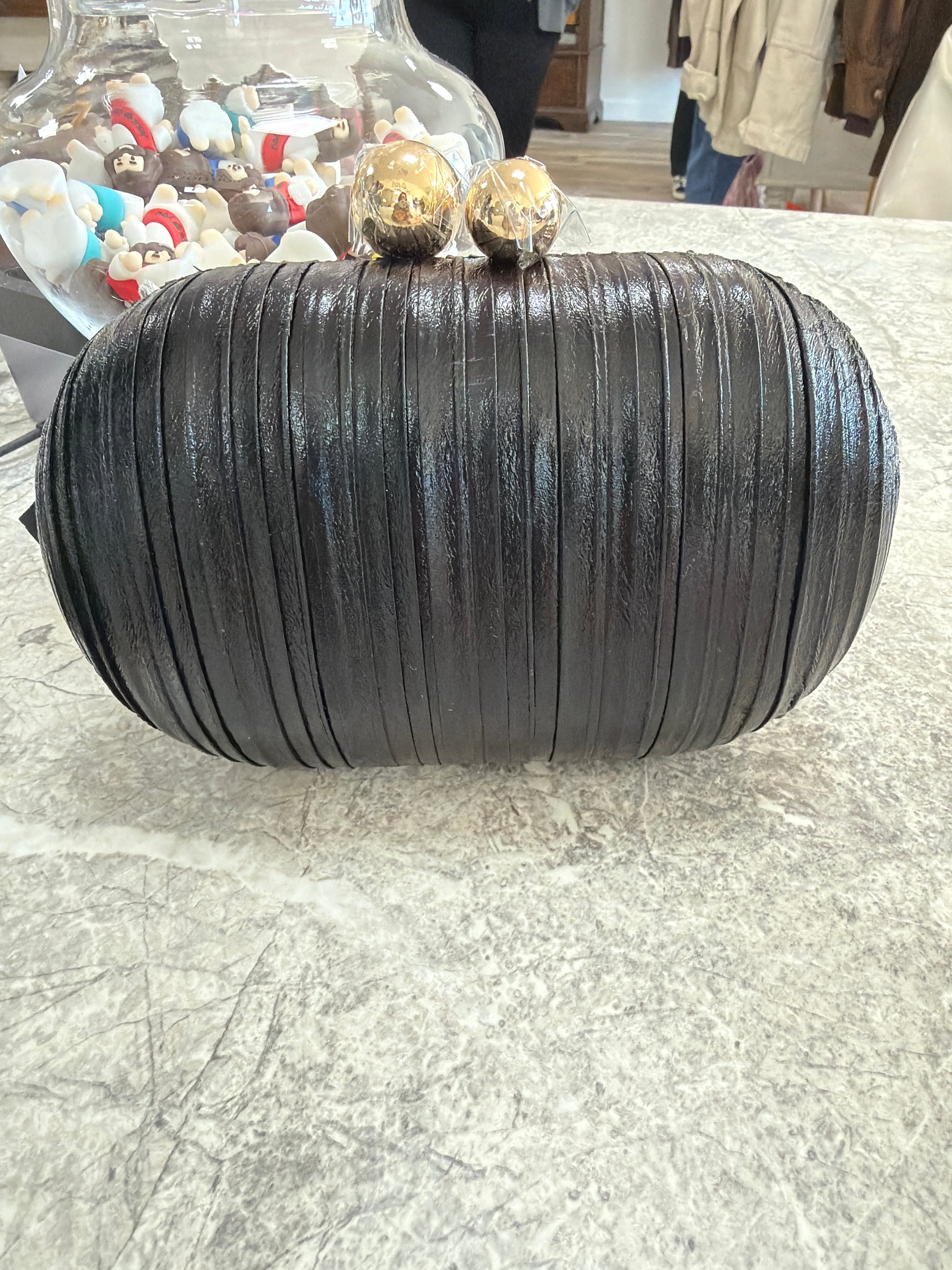 Metallic Black Kiss Lock Oval Clutch