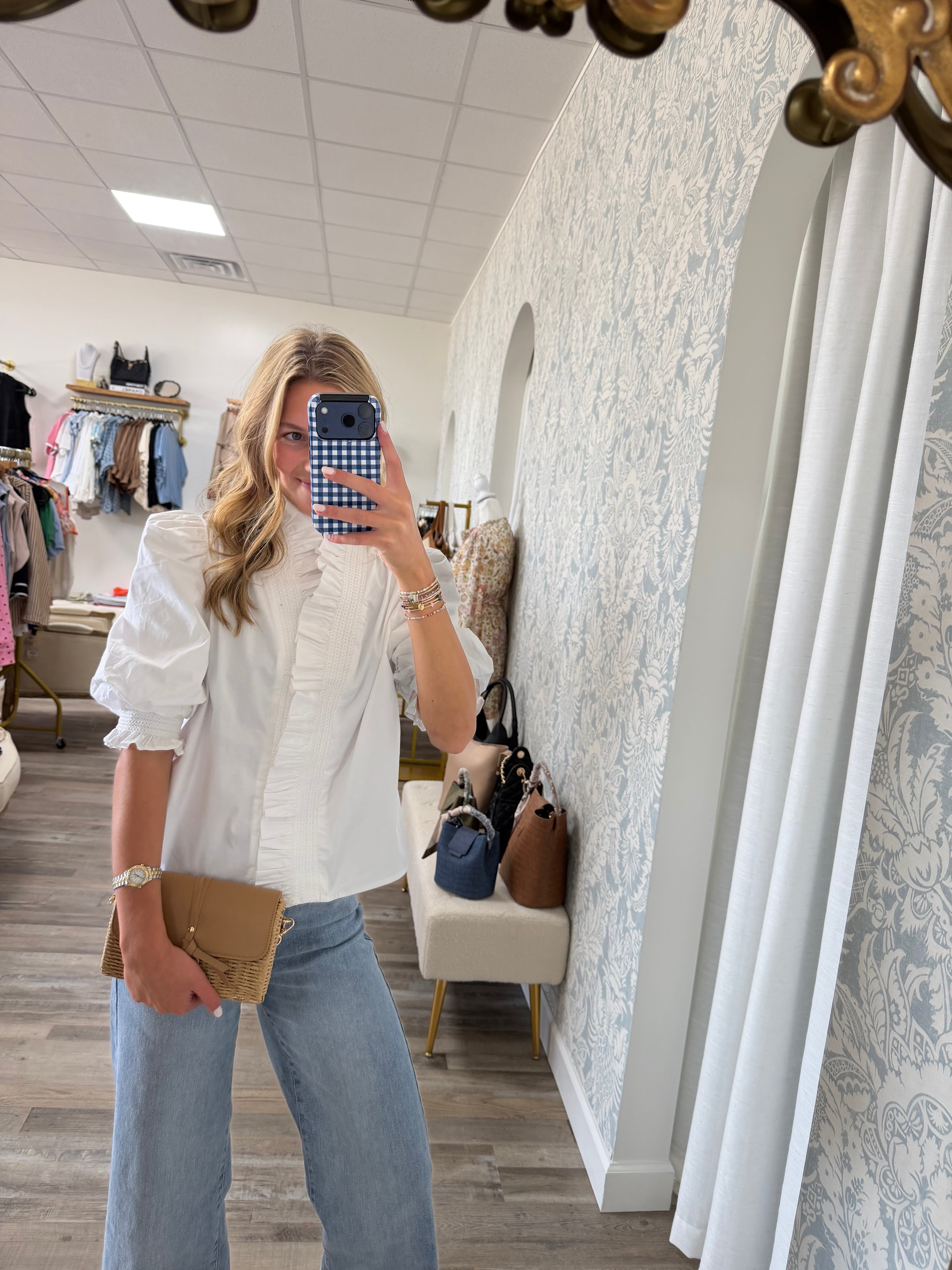 Karlie white poplin puff sleeve ruffle top