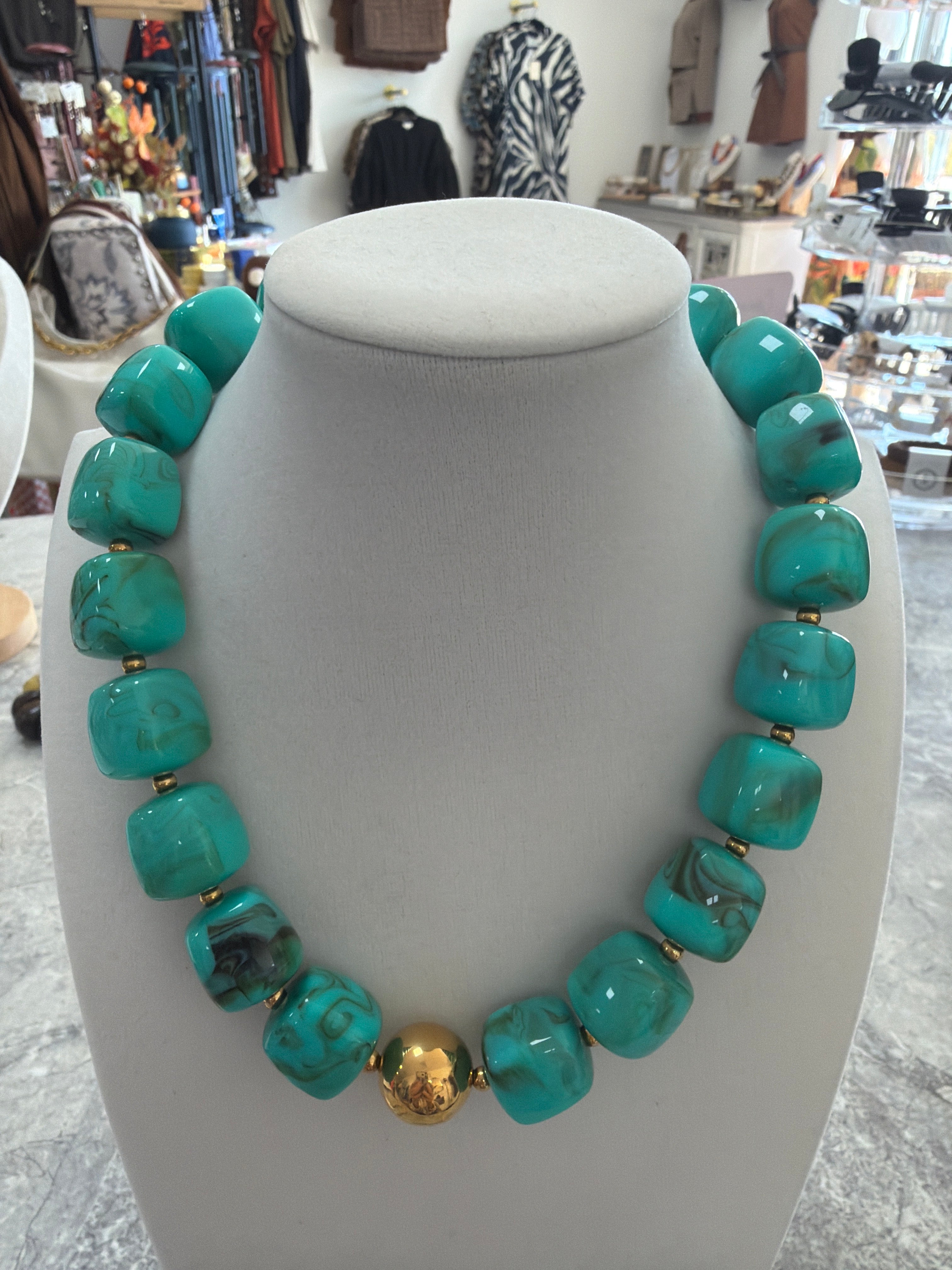 Marbled Cube Bead & Gold Ball Necklace