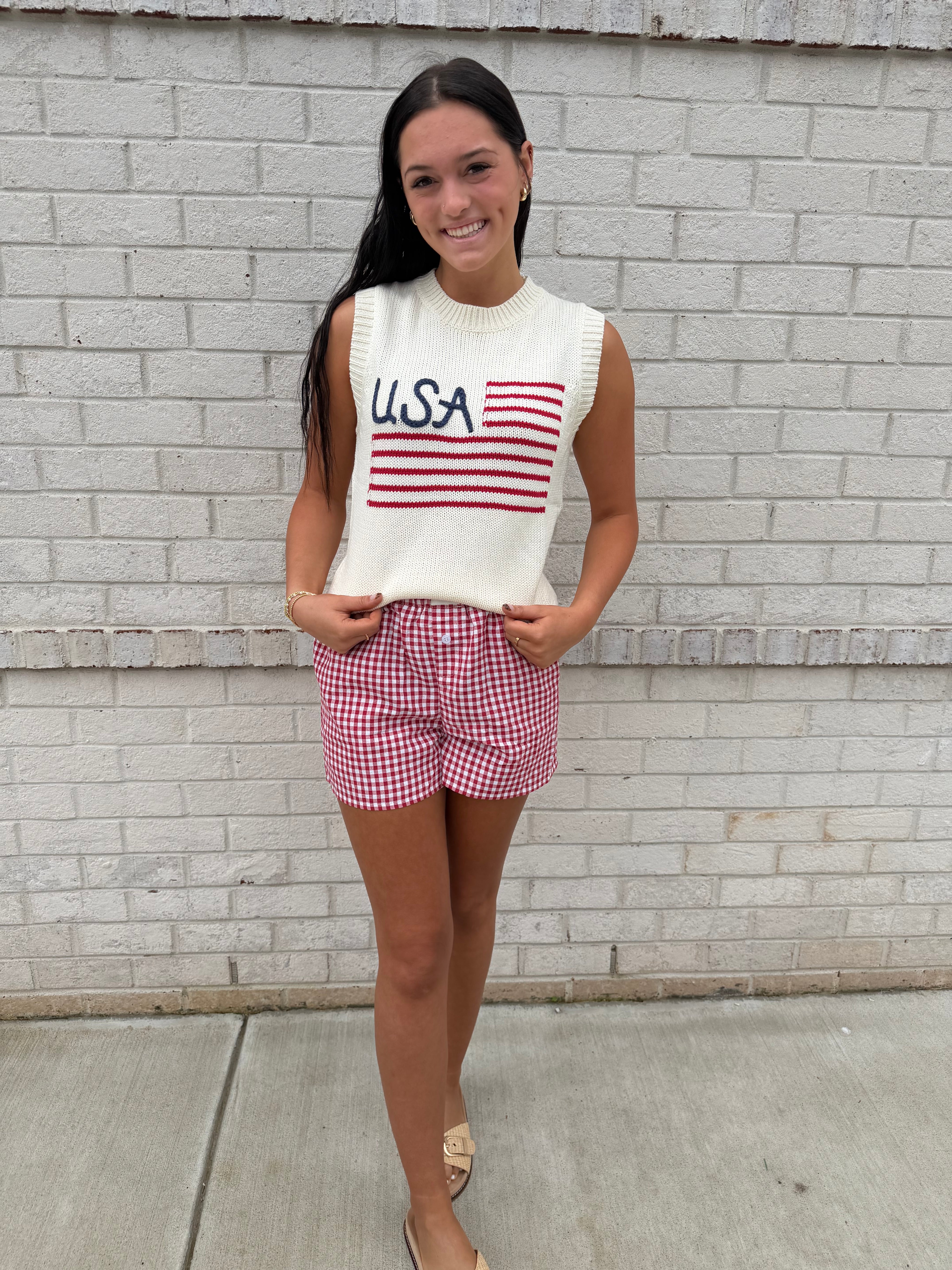 Gingham Print Shorts High Waist Elastic Casual Summer