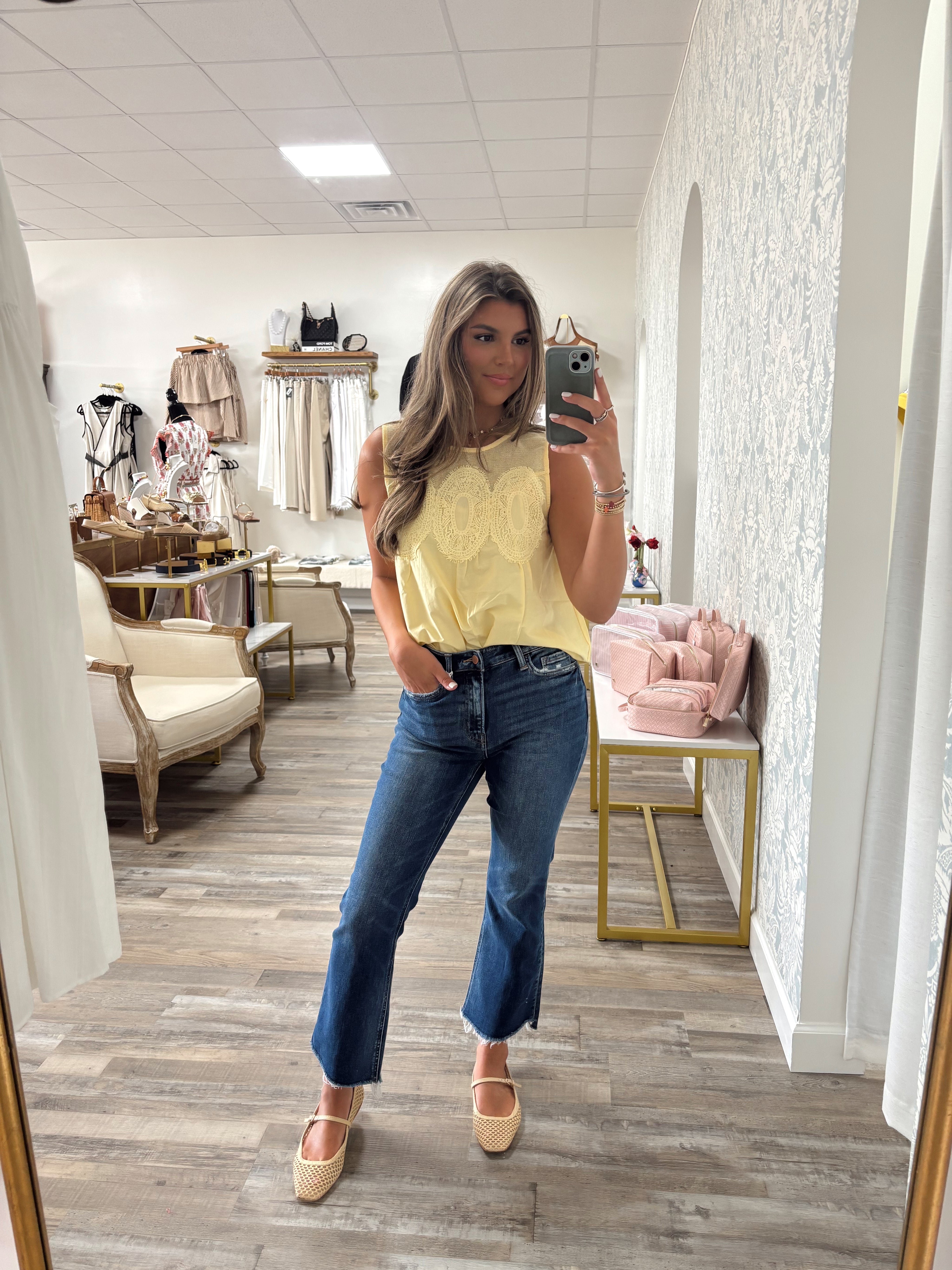 Yellow contrast mesh yoke detail lace trimmed sleeveless top