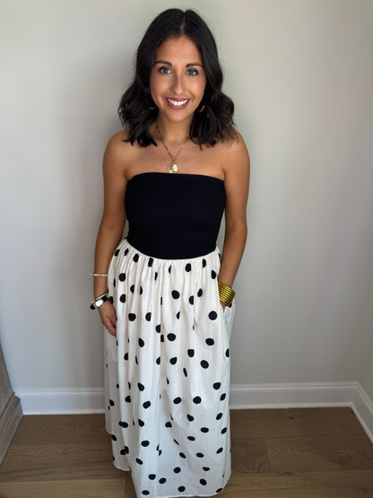 The Marilyn Black/White Strapless Polka Dot Midi Dress