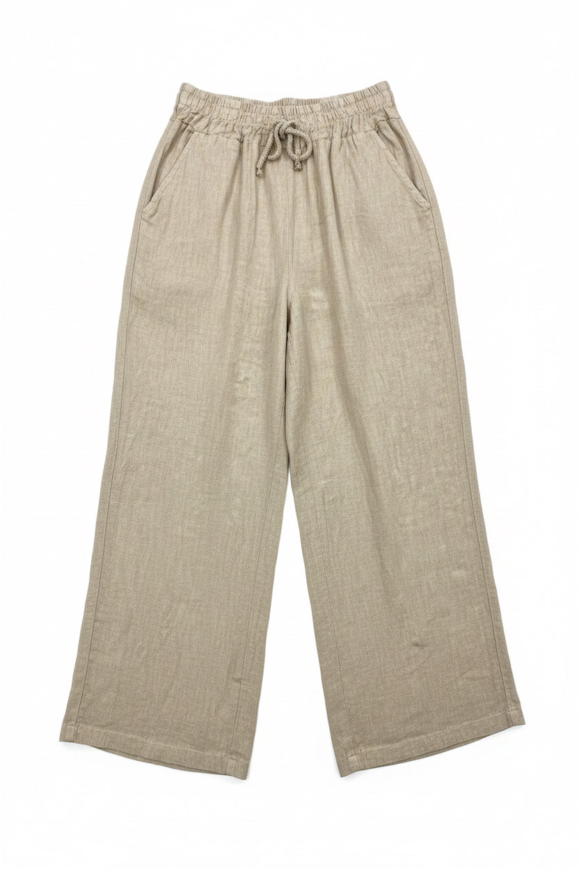 Linen drawstring mid rise pants with pockets