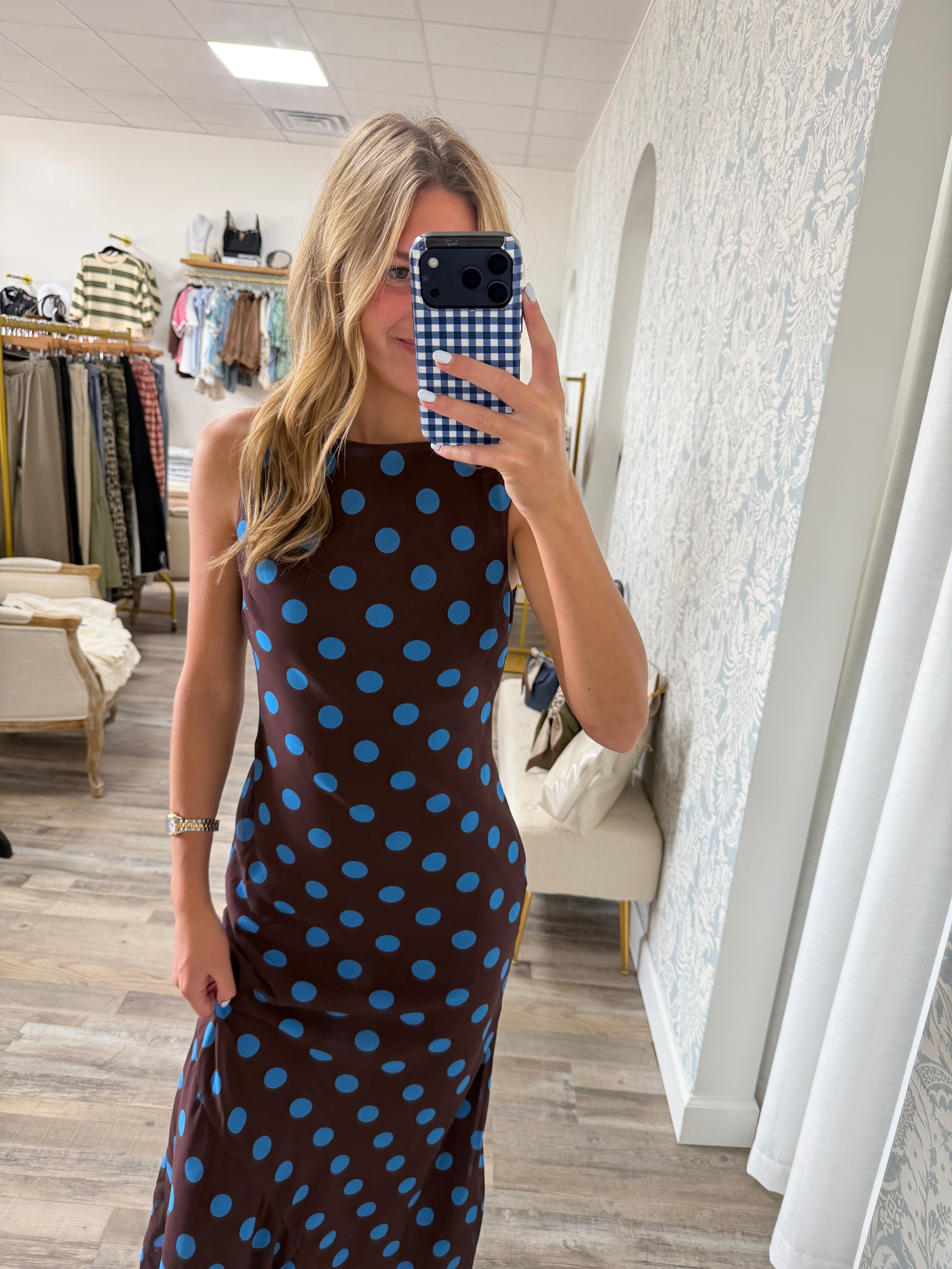 Blue Dot Chocolate Midi Dress