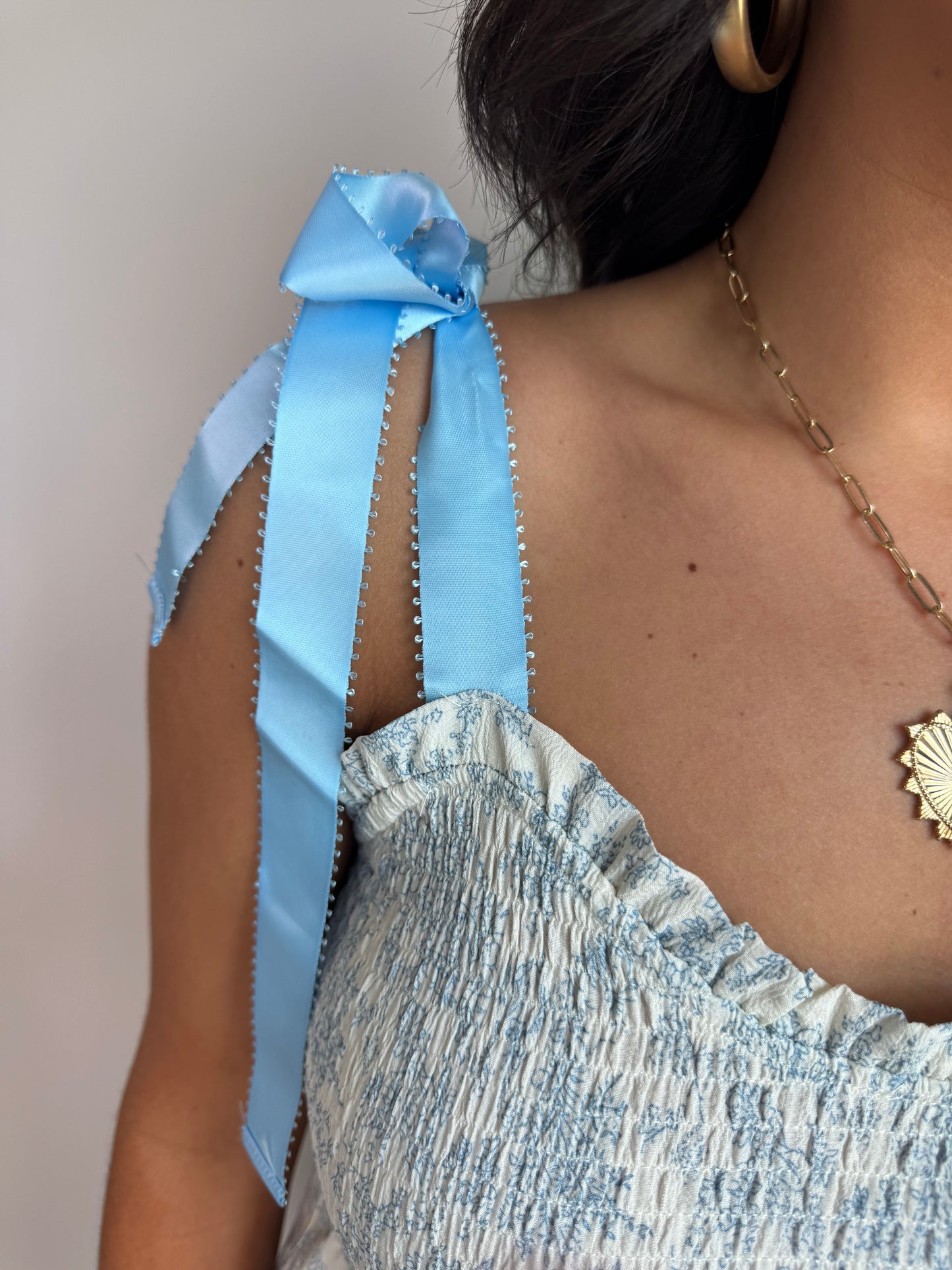 A Touch of Floral Blue Shoulder Ribbon Tie Maxi Dress