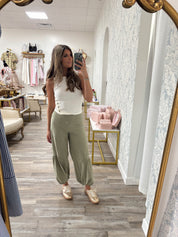 Sage Green Tiered full length pants with adjustable drawstring