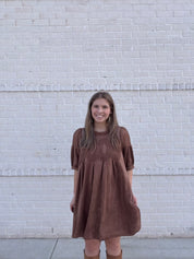 Mesh & Lace Detail Faux Suede Babydoll Dress