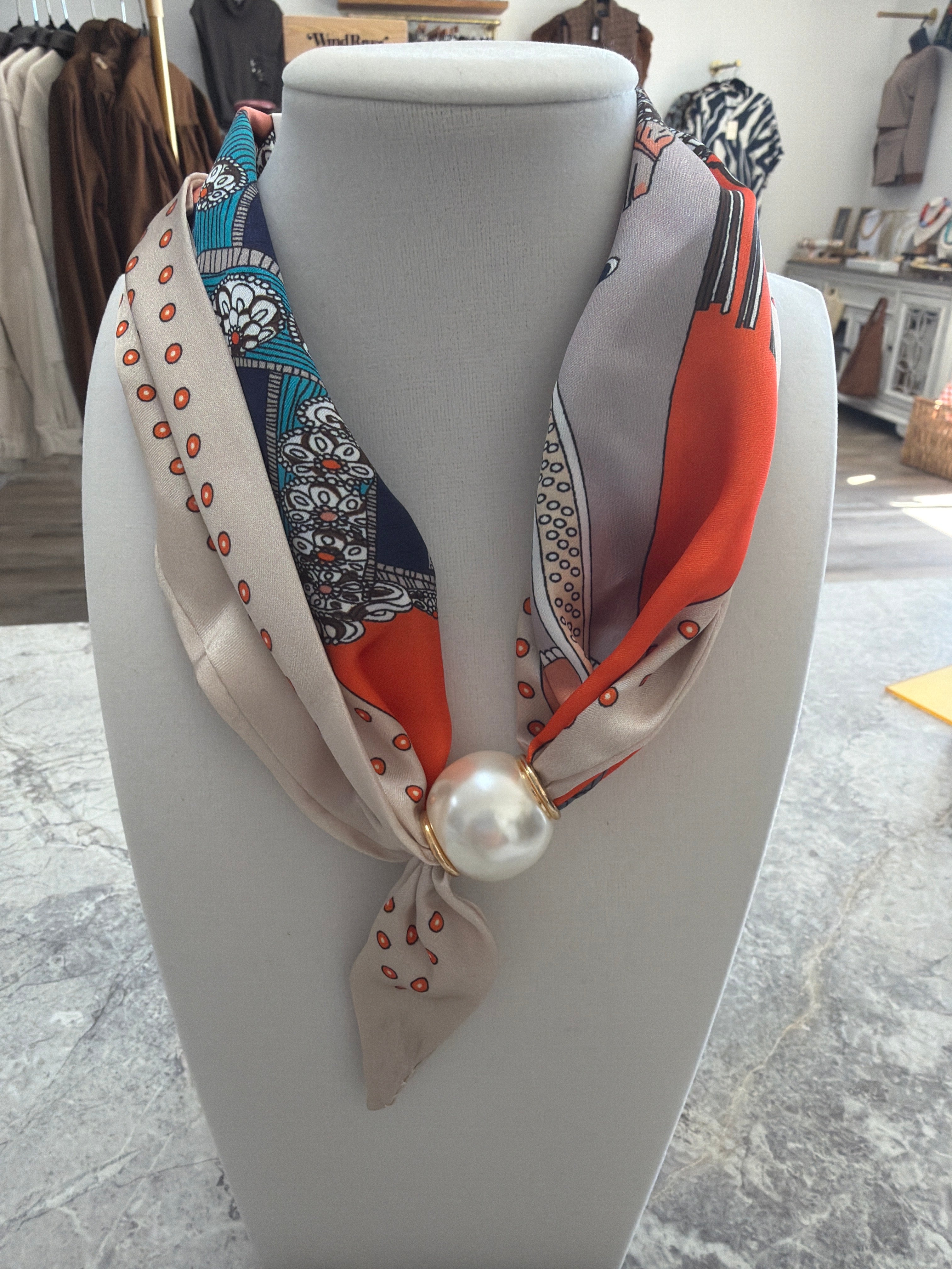 Orange/Blue Scarf Necklace with Magnetic Pearl Closure