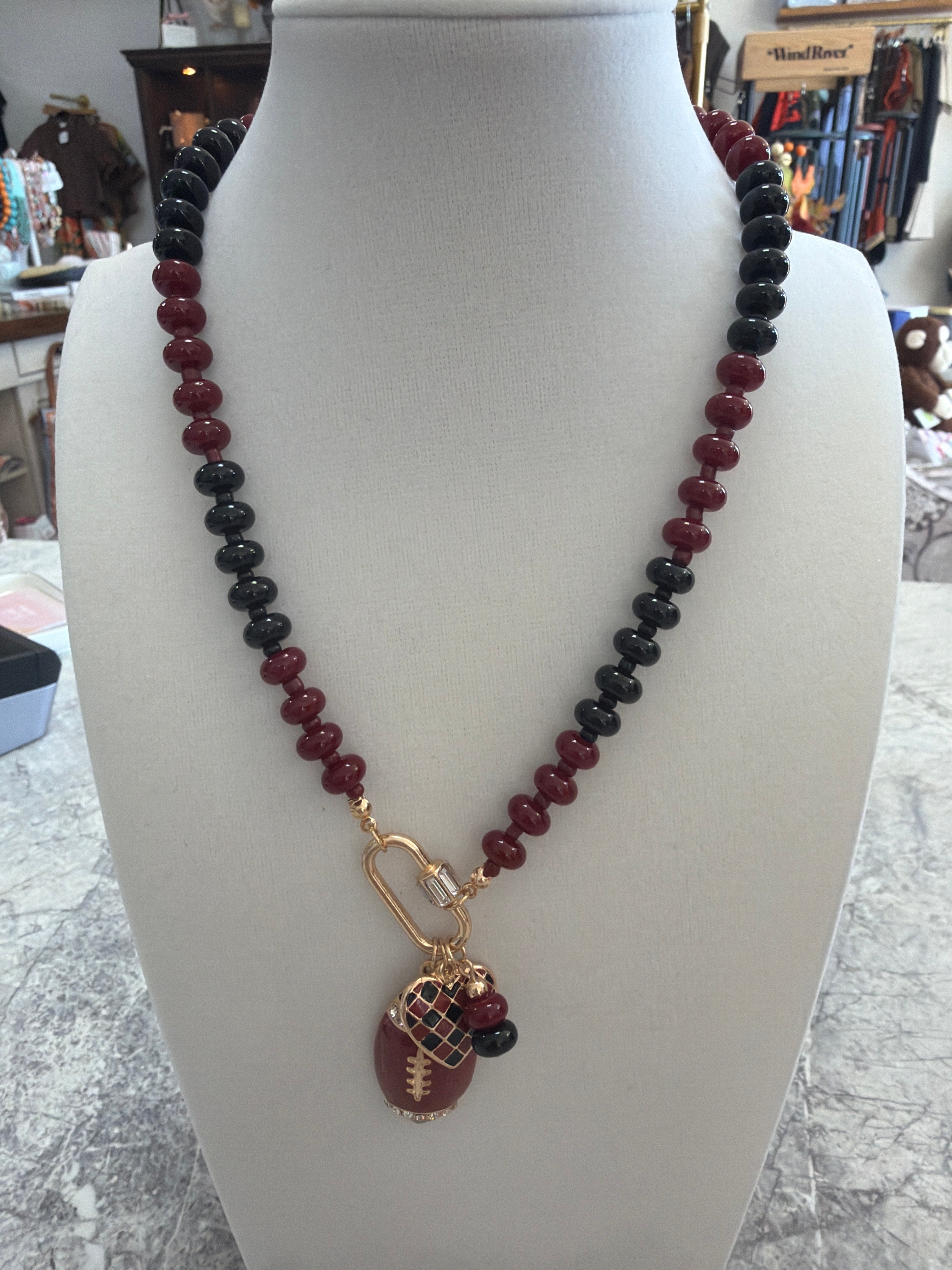Football & Heart Charm Beaded Necklace