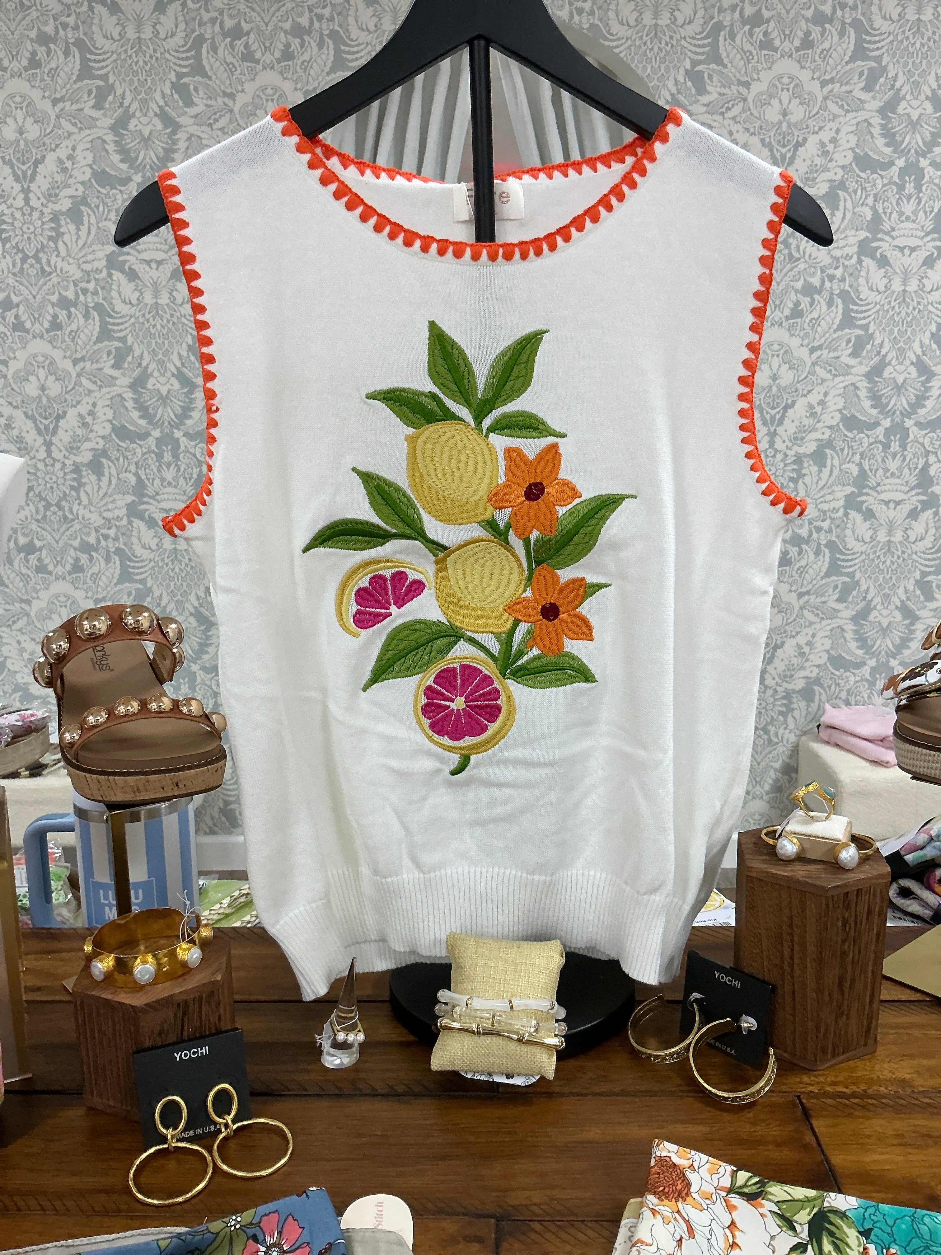 Cream whipstitch citrus fruit embellish knit top