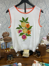 Cream whipstitch citrus fruit embellish knit top