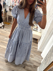 Blue/White Stripe Tiered Maxi Dress
