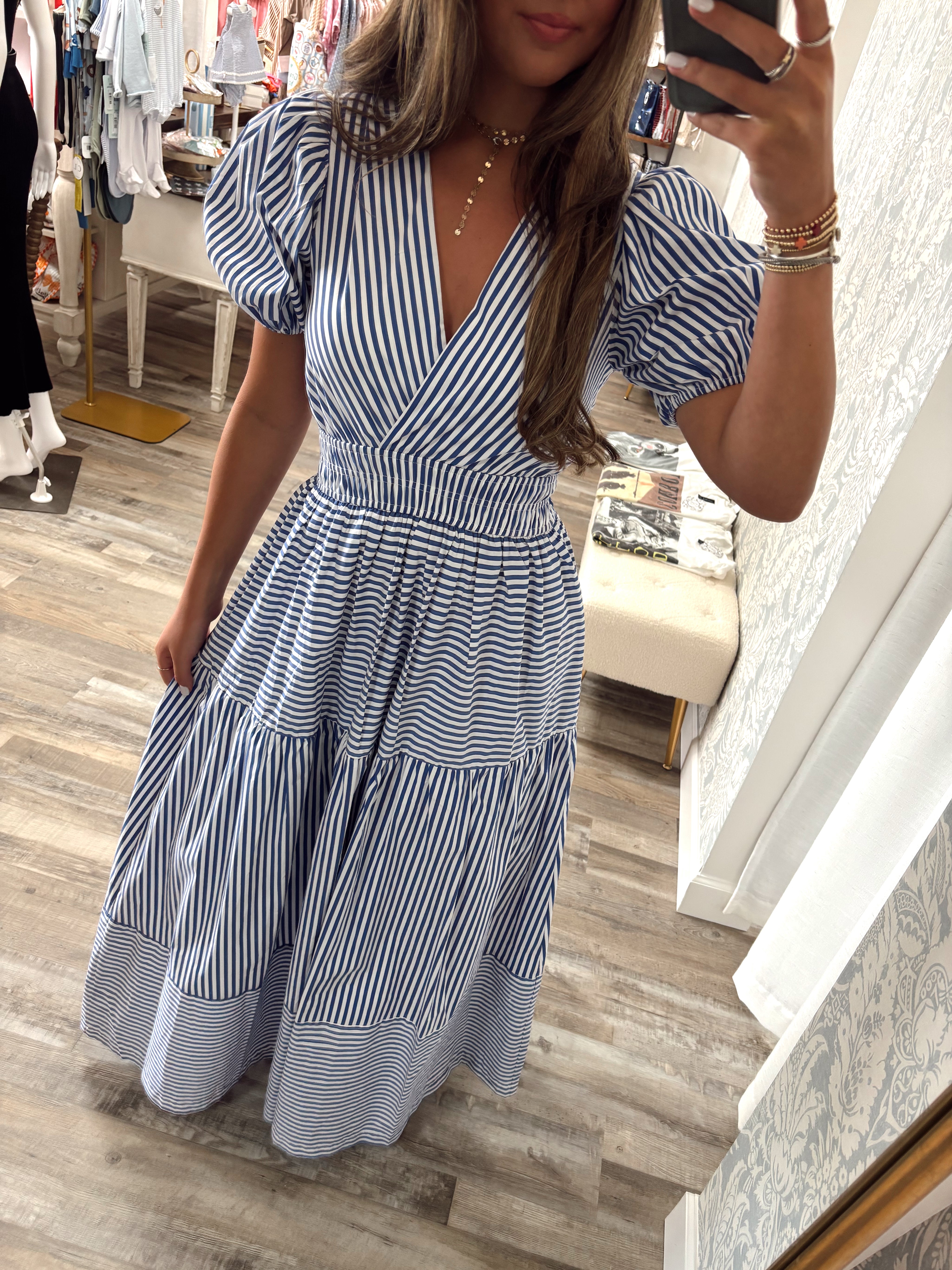 Blue/White Stripe Tiered Maxi Dress
