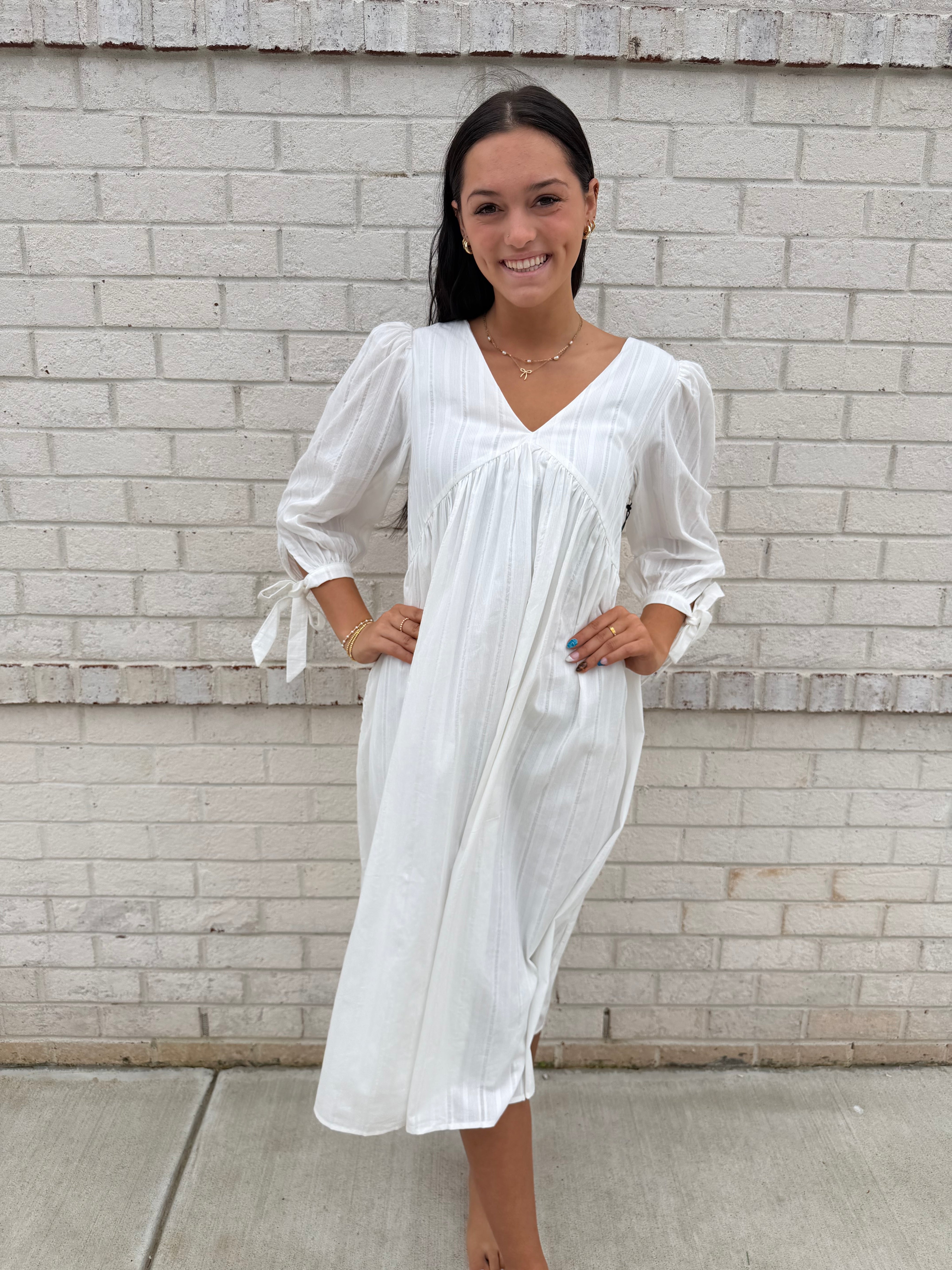 Cotton sleeve tie midi dress