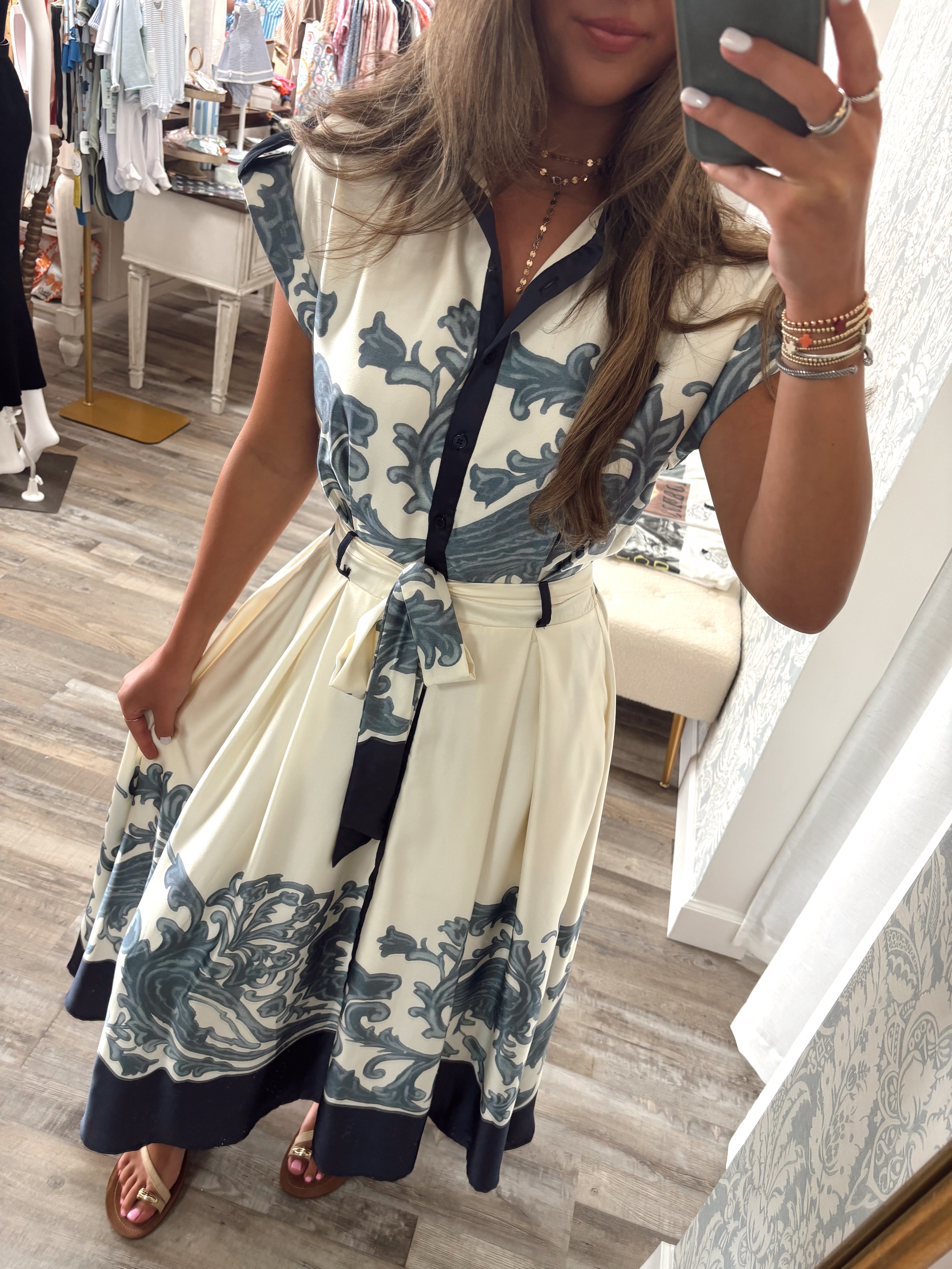 Elegance Ivory/navy Satin Scroll Midi Dress