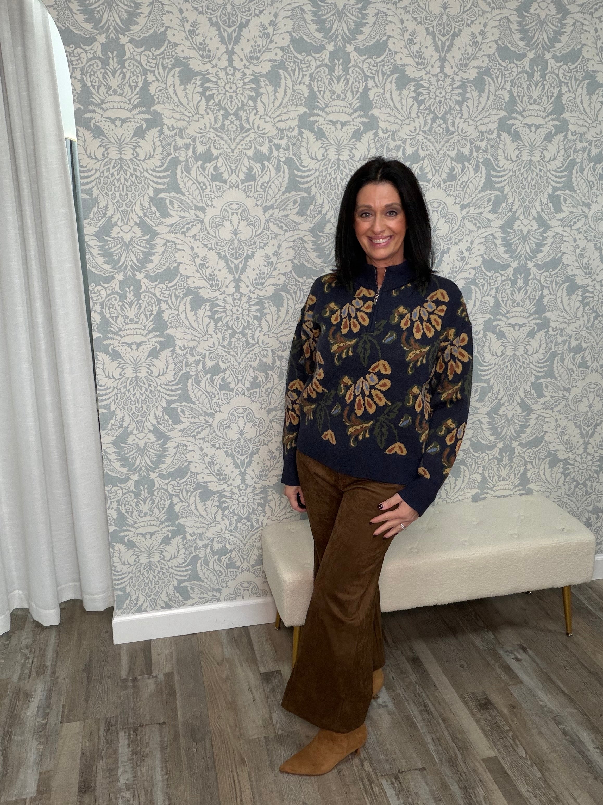 Pattern Half Zip Long sleeve Sweater