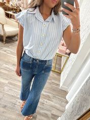Karlie blue stripe poplin bubble sleeve button down top