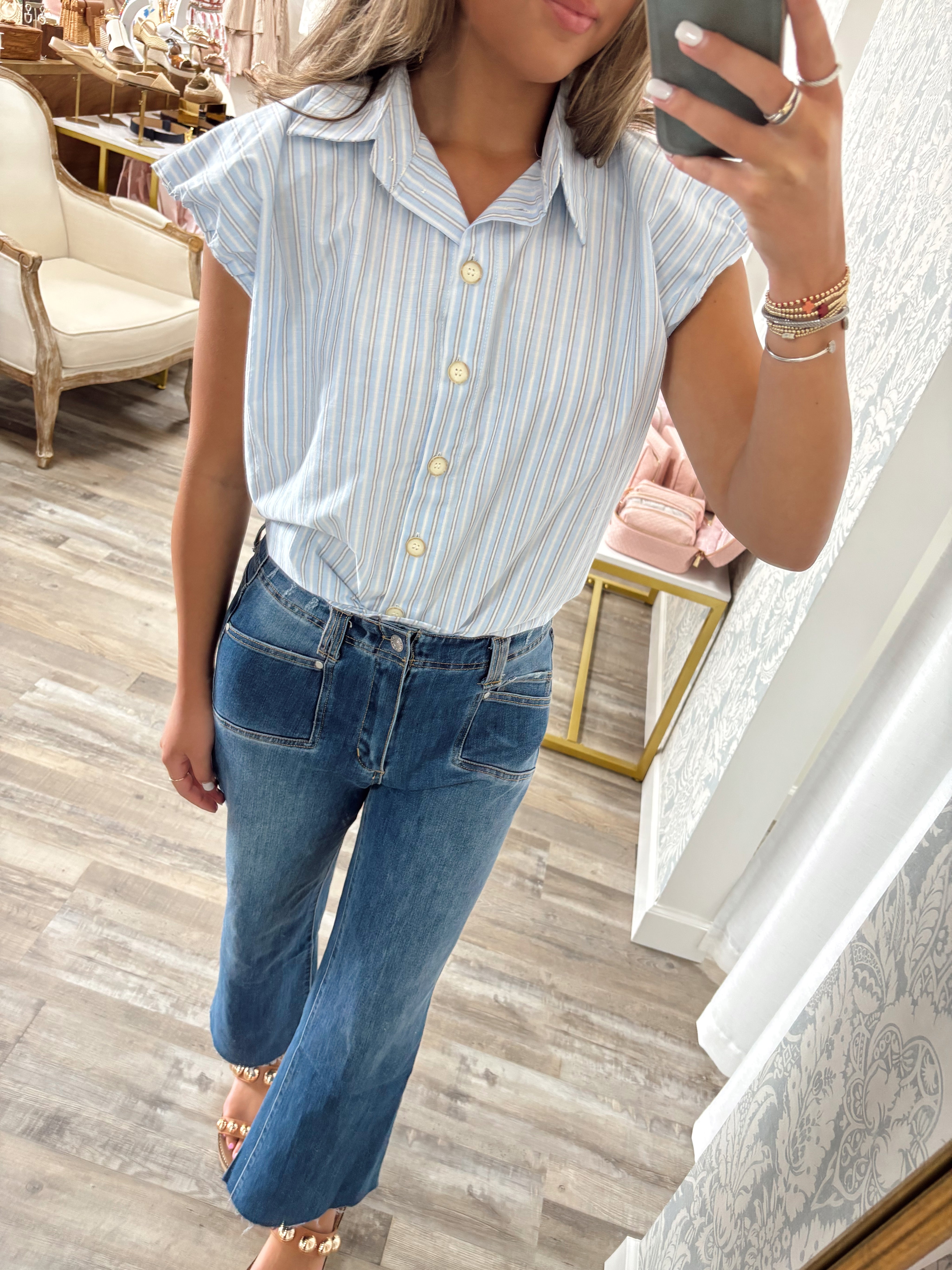 Karlie blue stripe poplin bubble sleeve button down top
