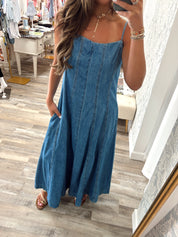 Washed denim spaghetti strap maxi dress