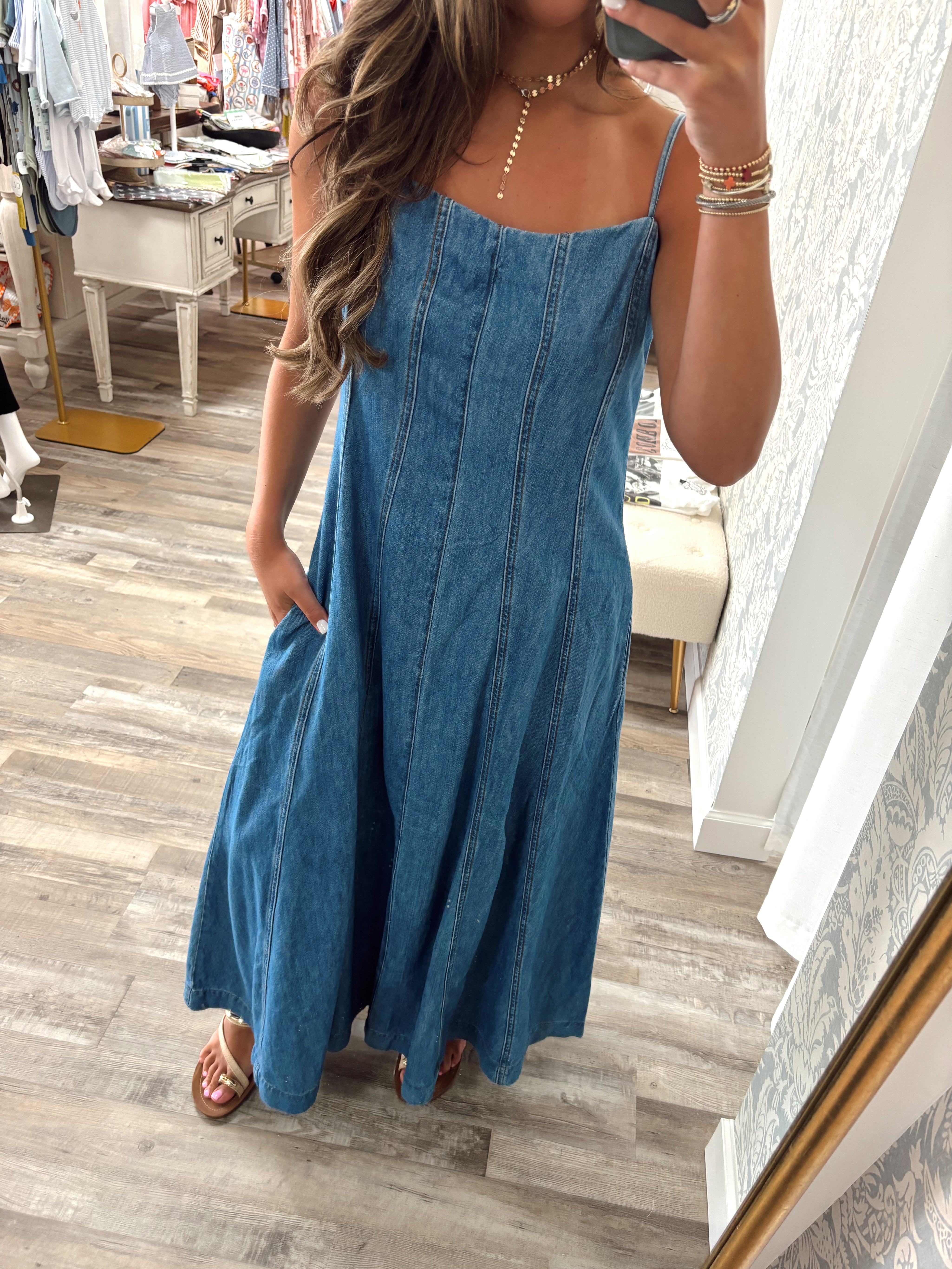 Washed denim spaghetti strap maxi dress