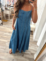 Washed denim spaghetti strap maxi dress