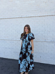 Chocolate & Blue Floral Pintuck Midi Dress