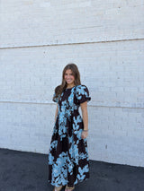 Chocolate & Blue Floral Pintuck Midi Dress