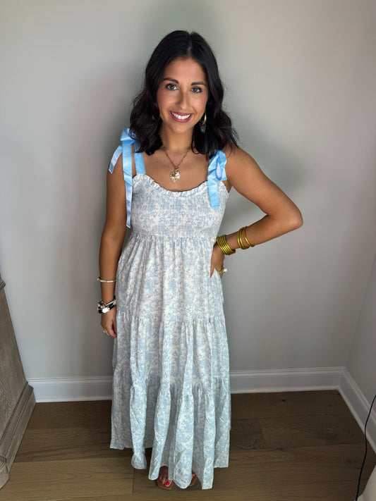 A Touch of Floral Blue Shoulder Ribbon Tie Maxi Dress