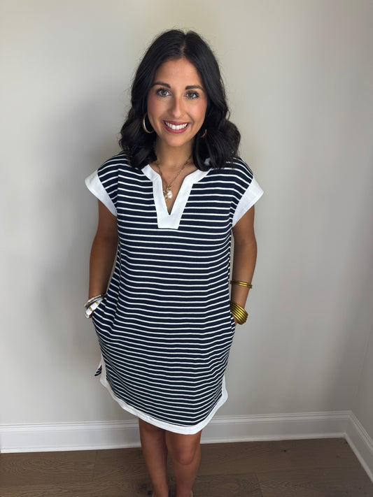 Navy/White Striped Dress With Pockets