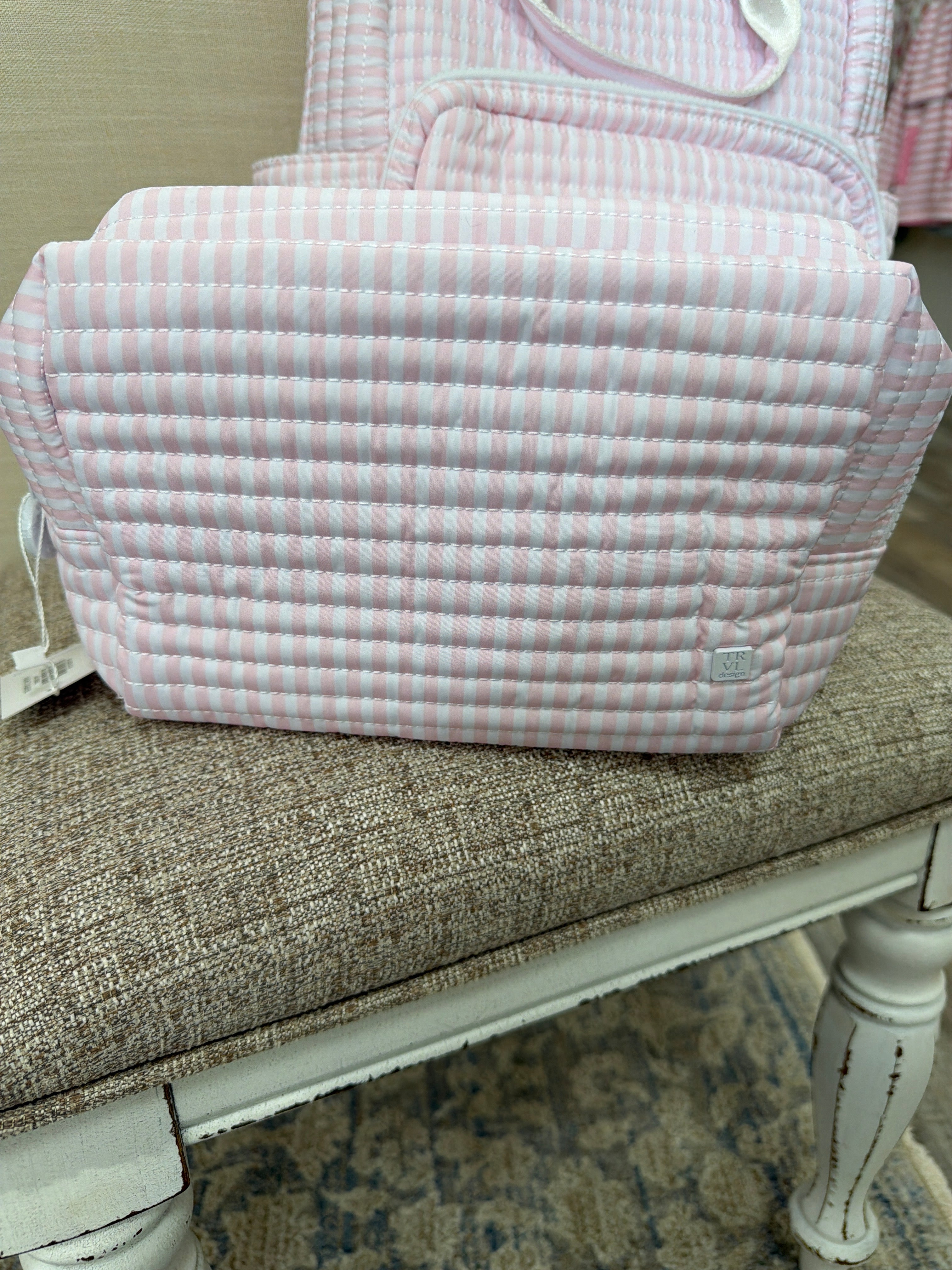 Trvl design pink stripe quilted zippered pouch