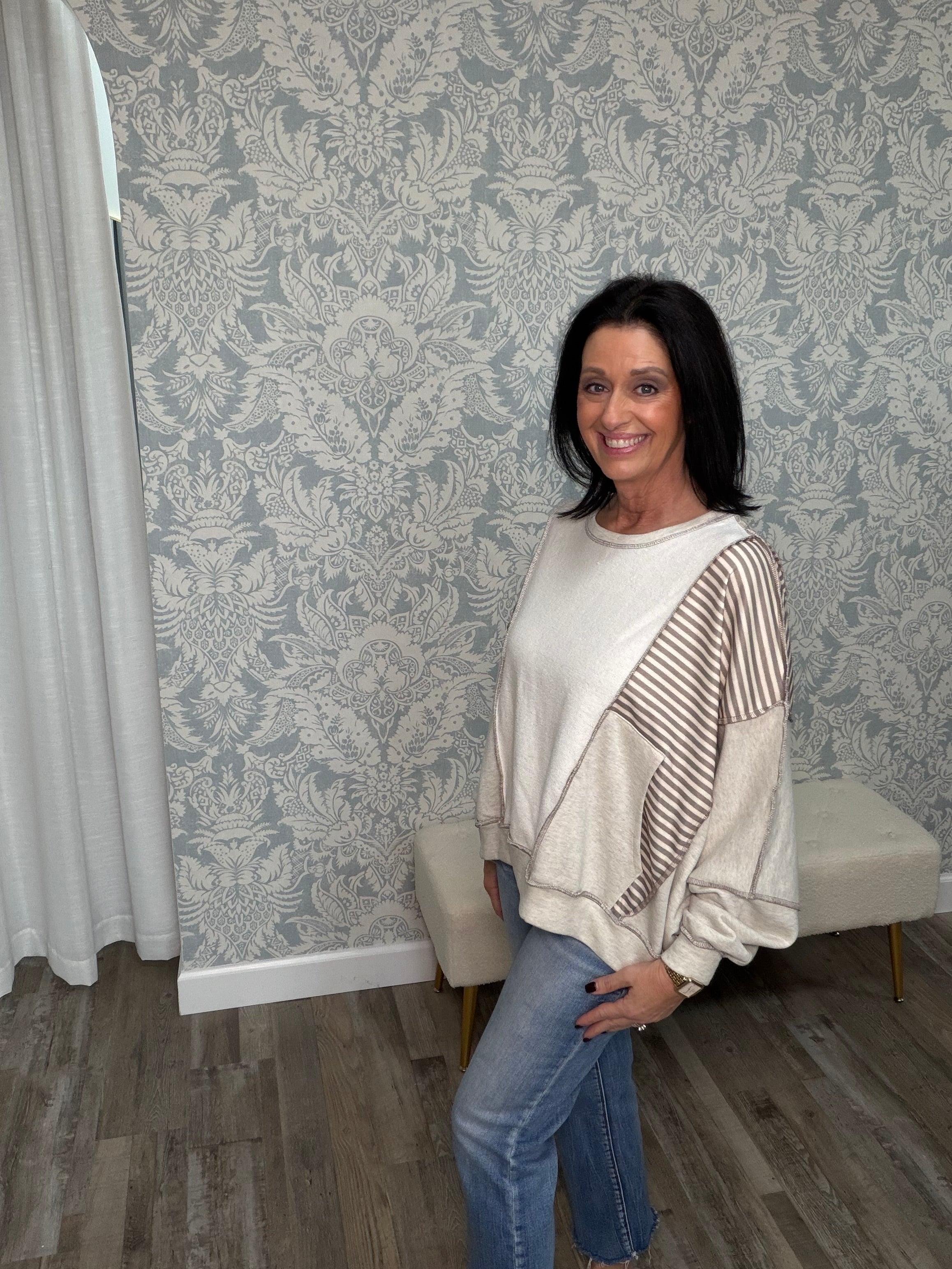 Stripe Patchwork Raw Hem Sweatshirt