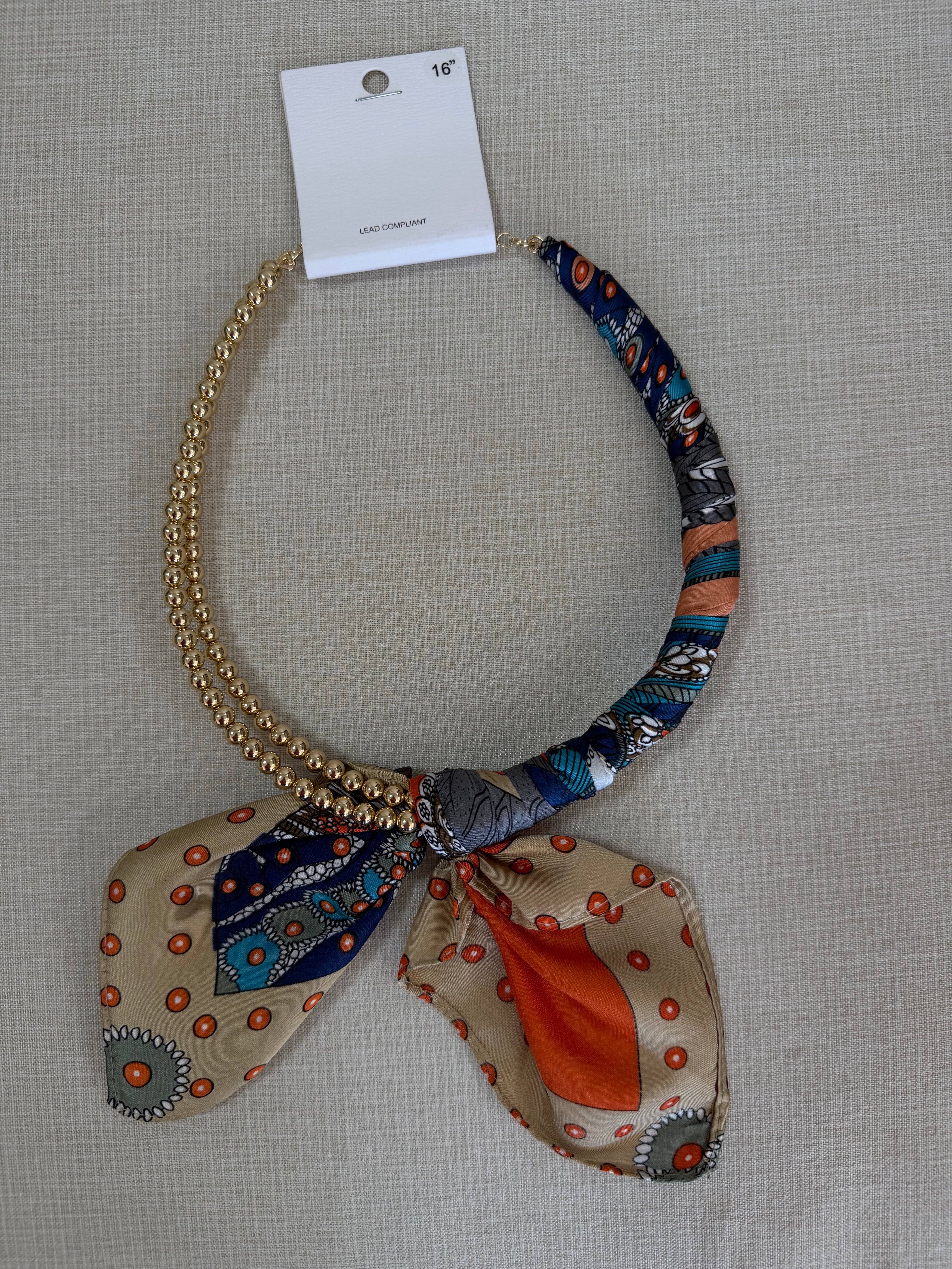 Orange/Navy Silk Scarf Wrapped Collar Necklace