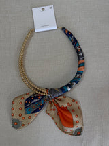 Orange/Navy Silk Scarf Wrapped Collar Necklace