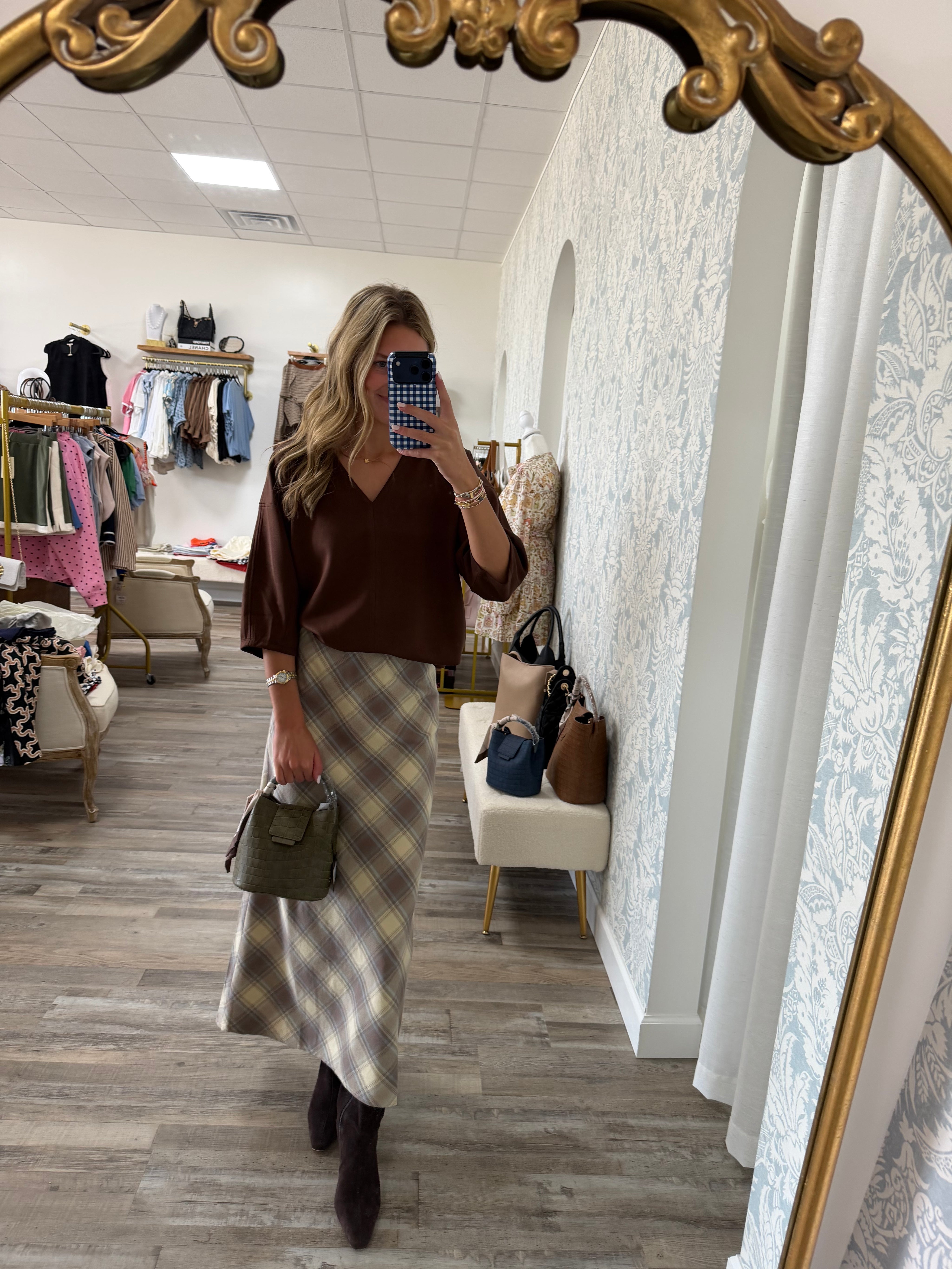 Ecru/blue plaid midi skirt