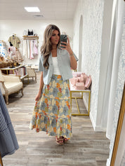 Floral print poplin ruffle detail maxi skirt