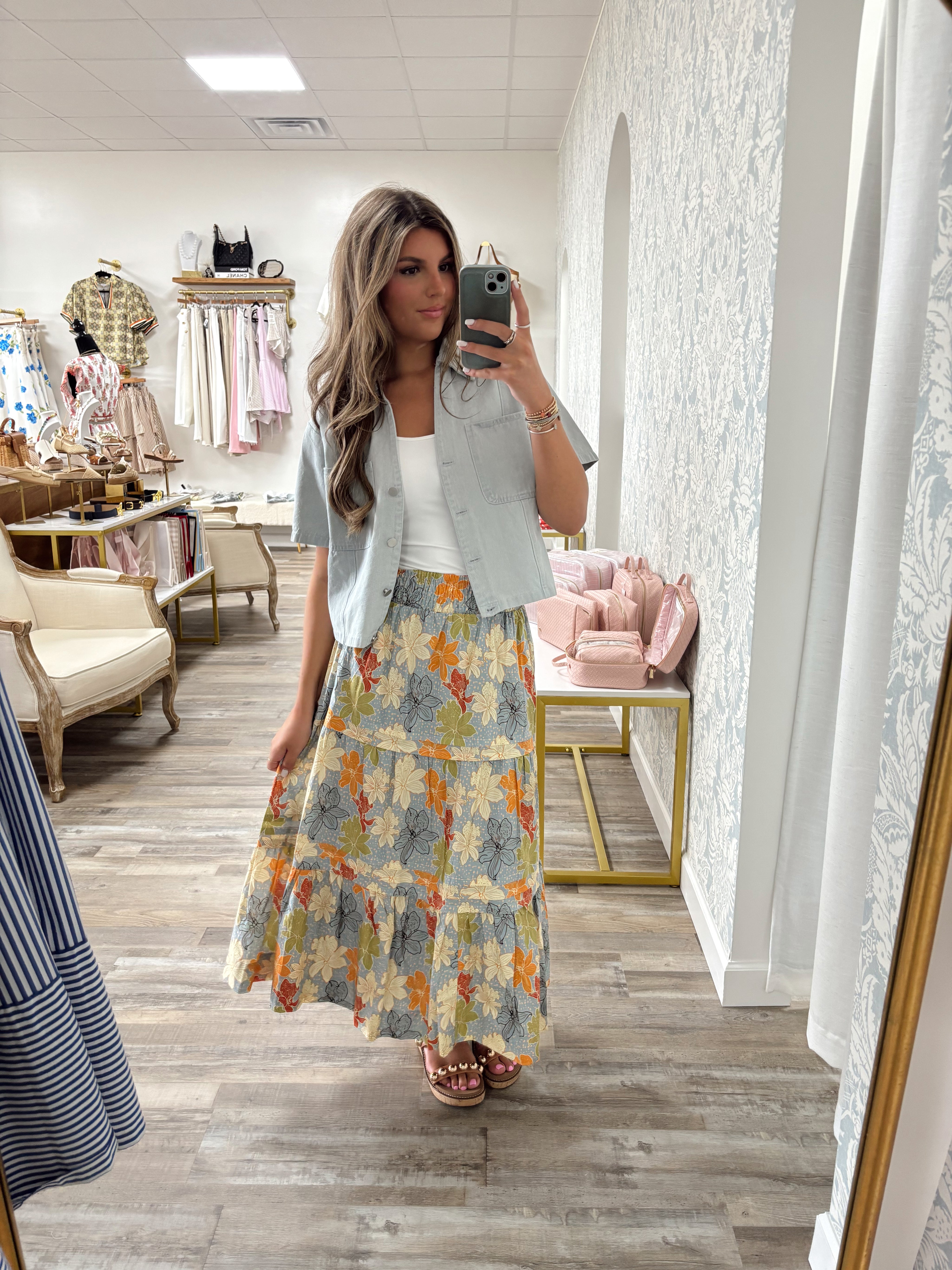 Floral print poplin ruffle detail maxi skirt
