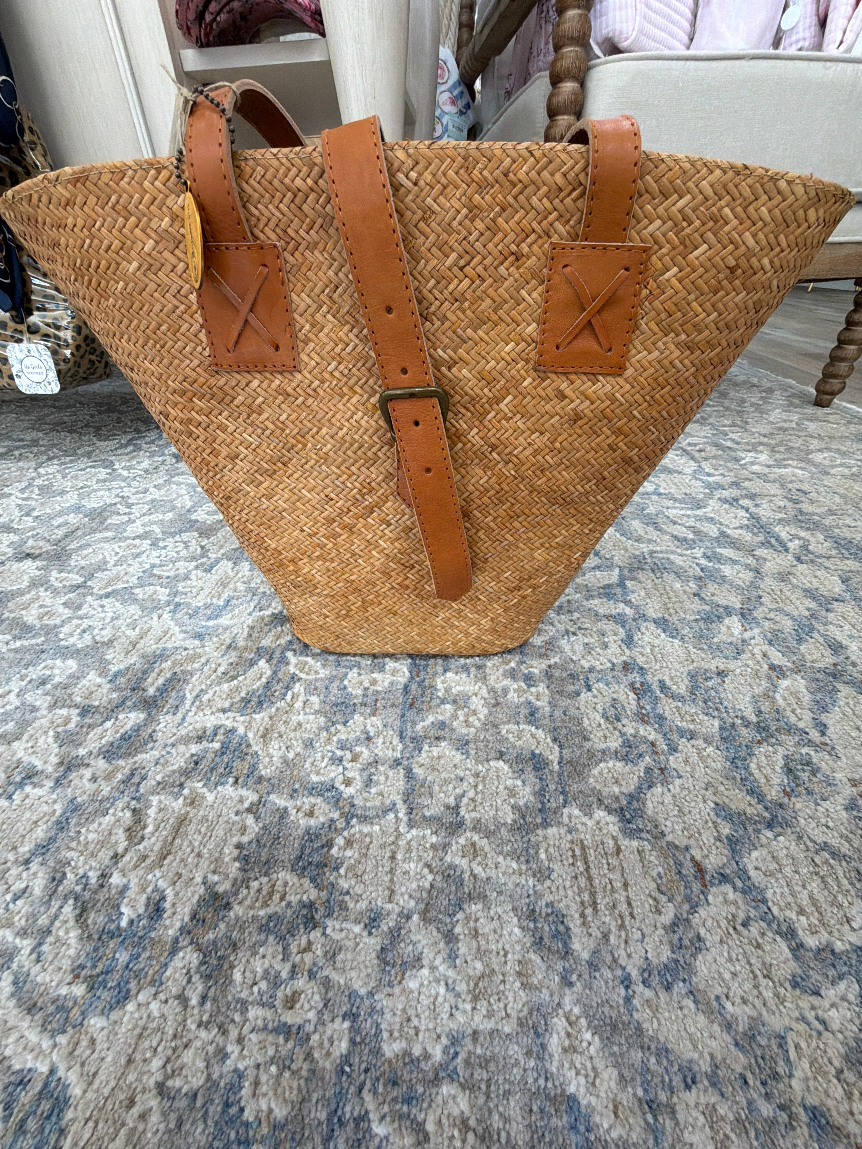 Rattan basket drawstring handbag top light brown leather