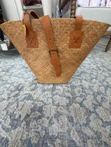 Rattan basket drawstring handbag top light brown leather