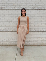 Cream/brown stripe sleeveless dress