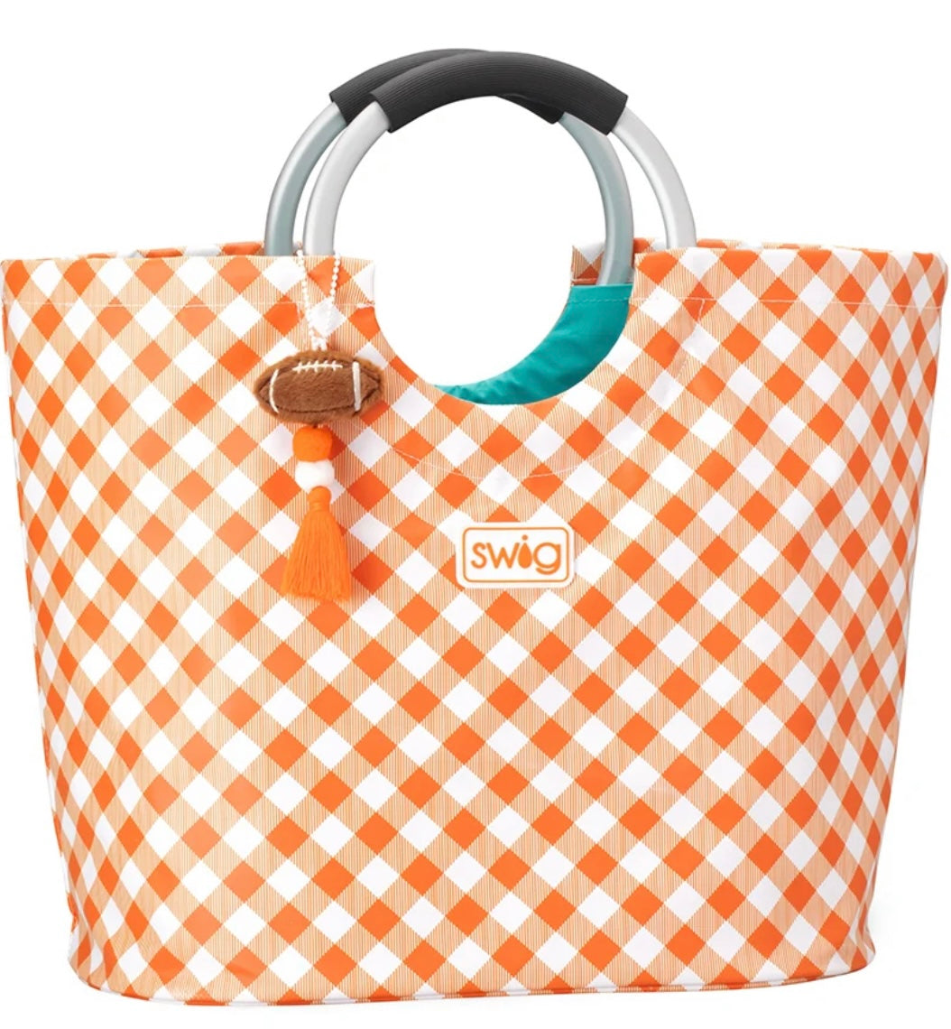 Game day orange gingham loopi tote bag